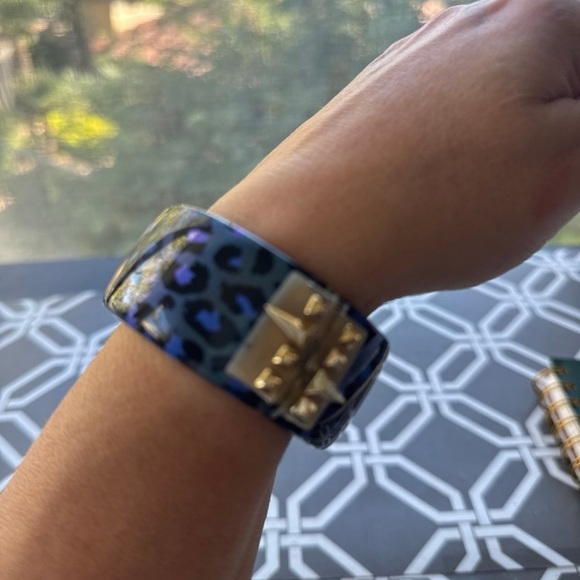 Alexis Bittar Navy Blue/Black Animal Print Hinged Bangle w/Gold Accents